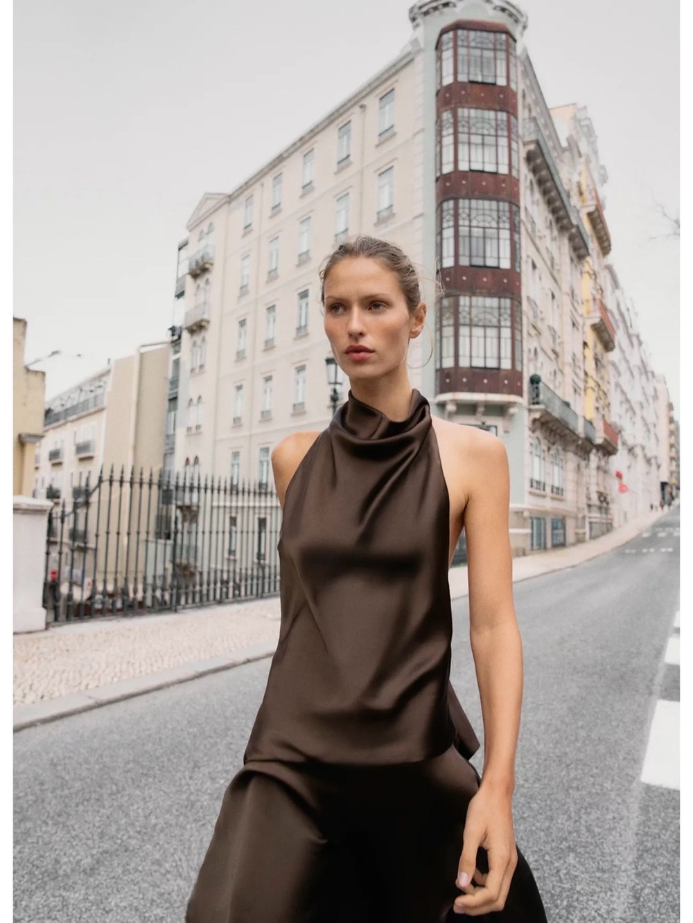 Zara Asymmetric Satin Halter Dress Brown Lace Open Back Bow XS